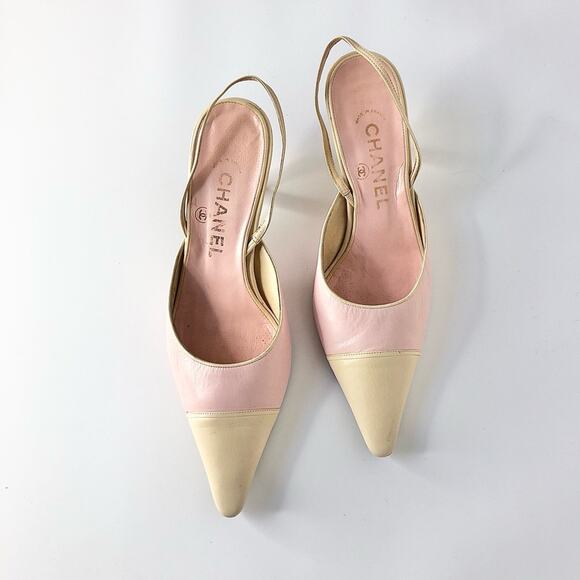 Vintage Chanel Pastel Pink Cap Toe Slingback Kitten Heel Pointed Toe Pumps 36 - Picture 2 of 11